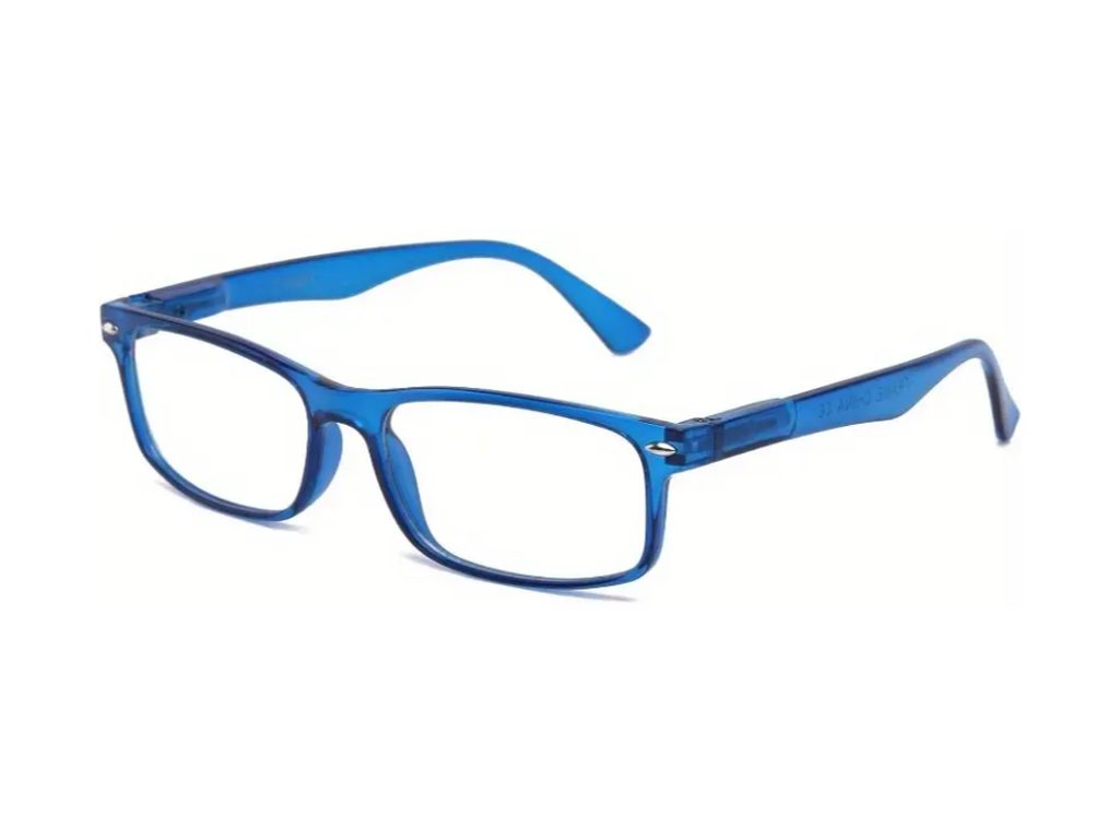 Slim rectangular glasses in glossy cobalt blue with clear lenses