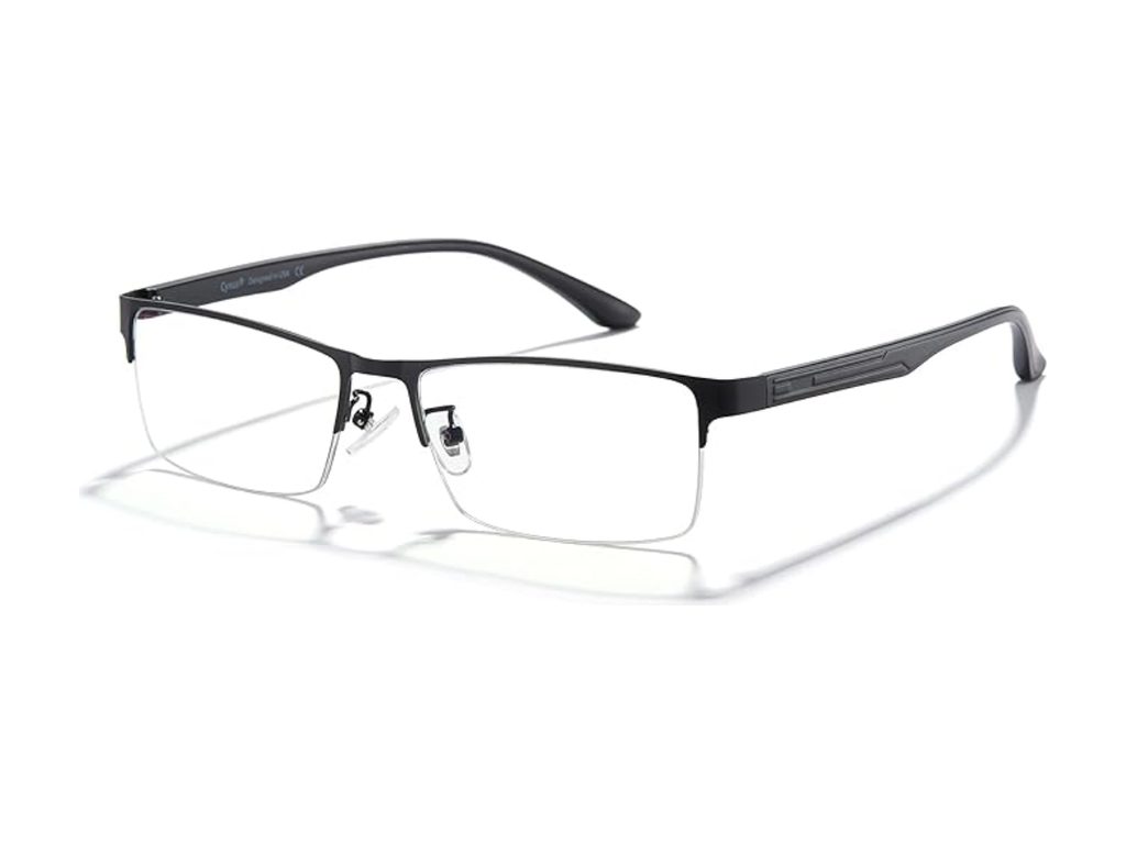 Half-rim glasses with a black upper rim, thin lower rim and clear lenses