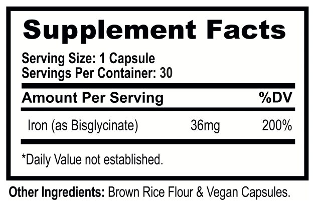 Supplement Facts panel for Iron 36 mg Capsules, 30 Count