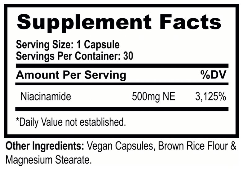 Supplement Facts panel for Niacinamide 500 mg Capsules, 30 Count