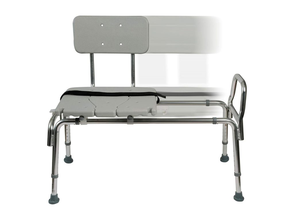 Bath transfer bench with a grey backrest, a sliding seat, a side grab handle and height-adjustable metal legs