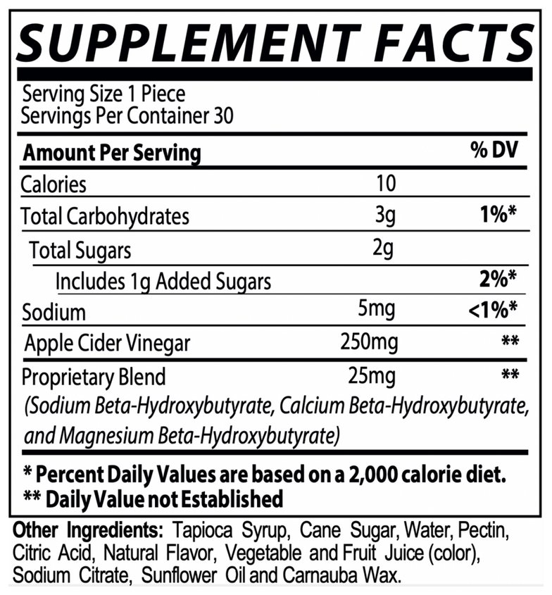 Supplement Facts panel for Tropical Fruit ACV + BHB Gummies, 30 Count